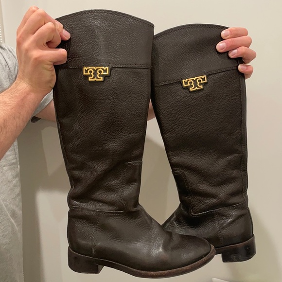 Dark brown knee high Tory Burch leather boots - Picture 1 of 5